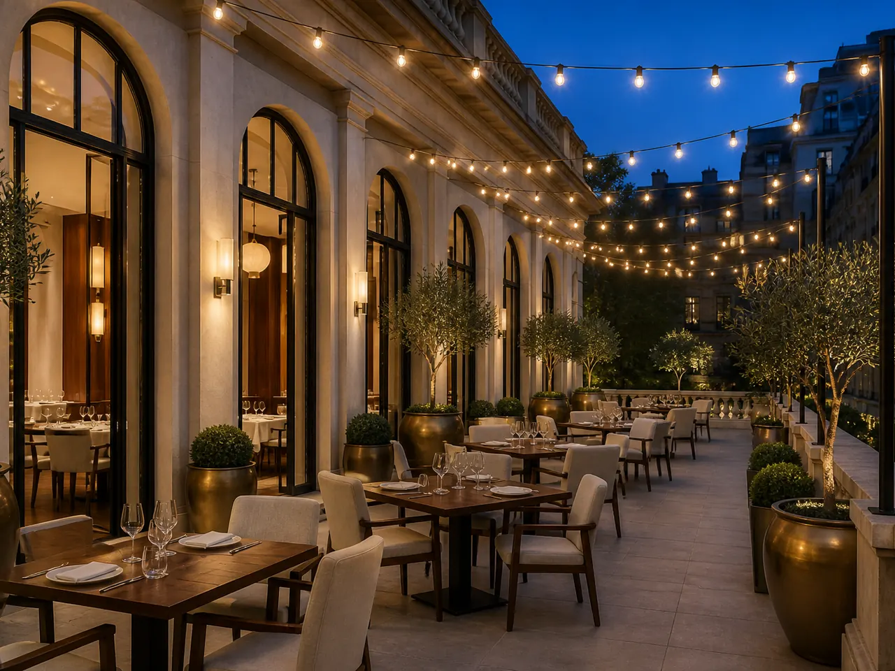 Terasă elegantă de restaurant, cu arcade, jardiniere din alamă și ghirlande calde la apus