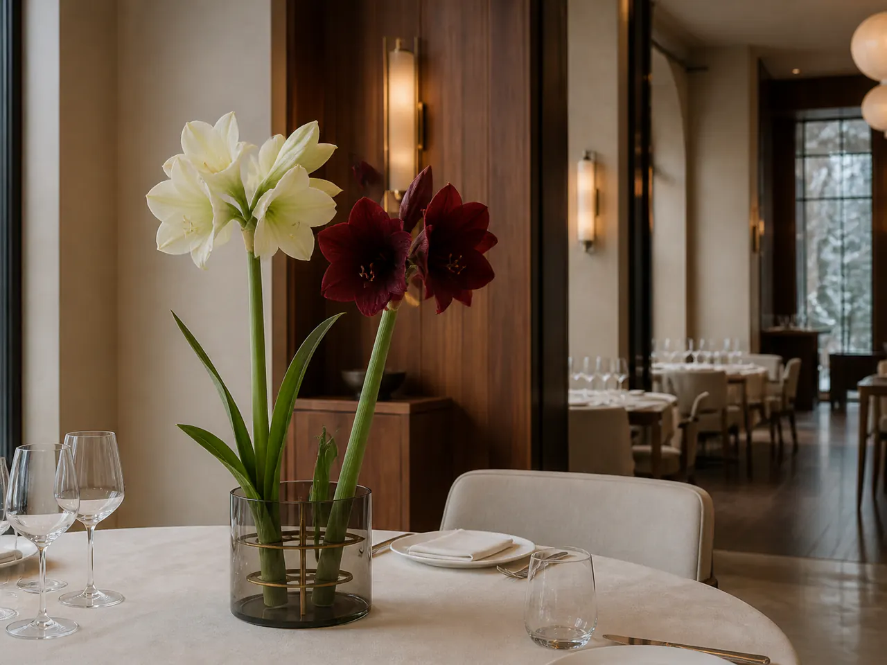Tije albe și vișinii de amaryllis într-o compoziție minimală