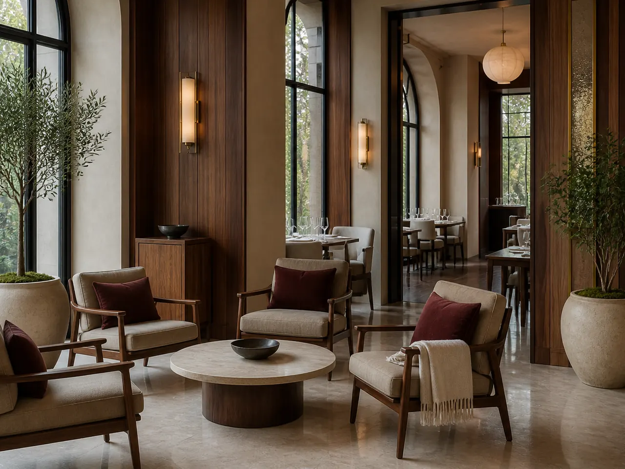 Lounge elegant cu patru fotolii ivoire, perne vișinii, pled crem și jardiniere refolosite