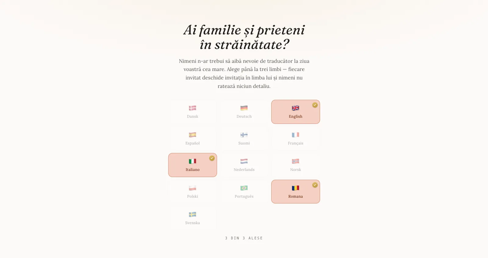 Pasul de limbi din Saventify, cu întrebarea Ai familie și prieteni în străinătate, română, engleză și italiană bifate și contorul 3 din 3 alese