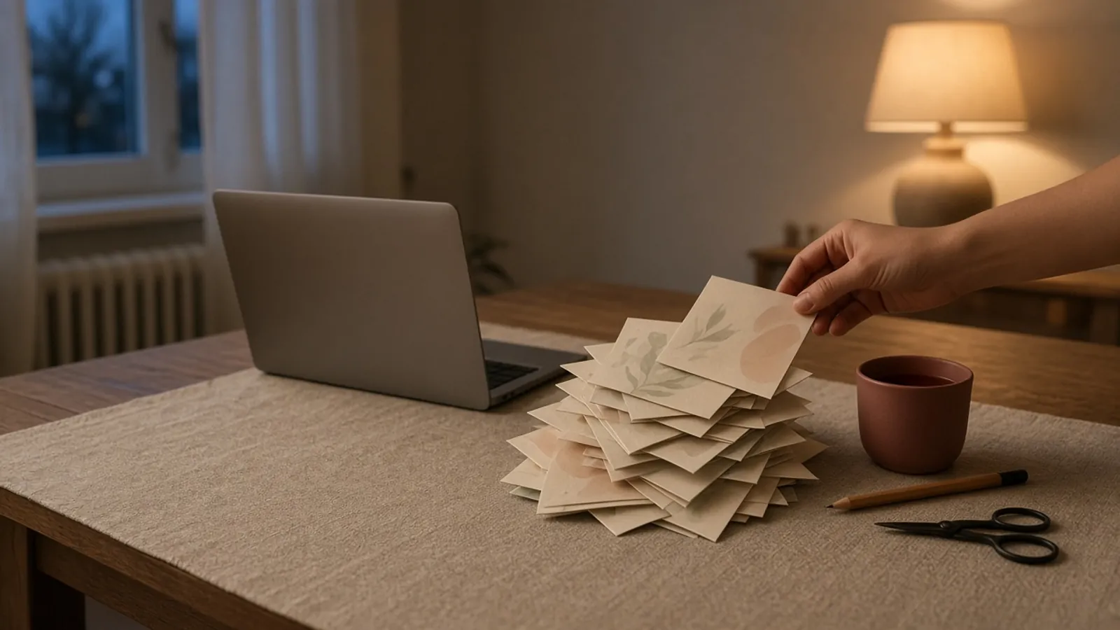 Seara, la masa din sufragerie: un laptop văzut din lateral, cu ecranul întors, un teanc de probe tipărite ale unui save the date mic, o mână care mai pune una deasupra, o cană de ceai răcit și lumina caldă a unei veioze