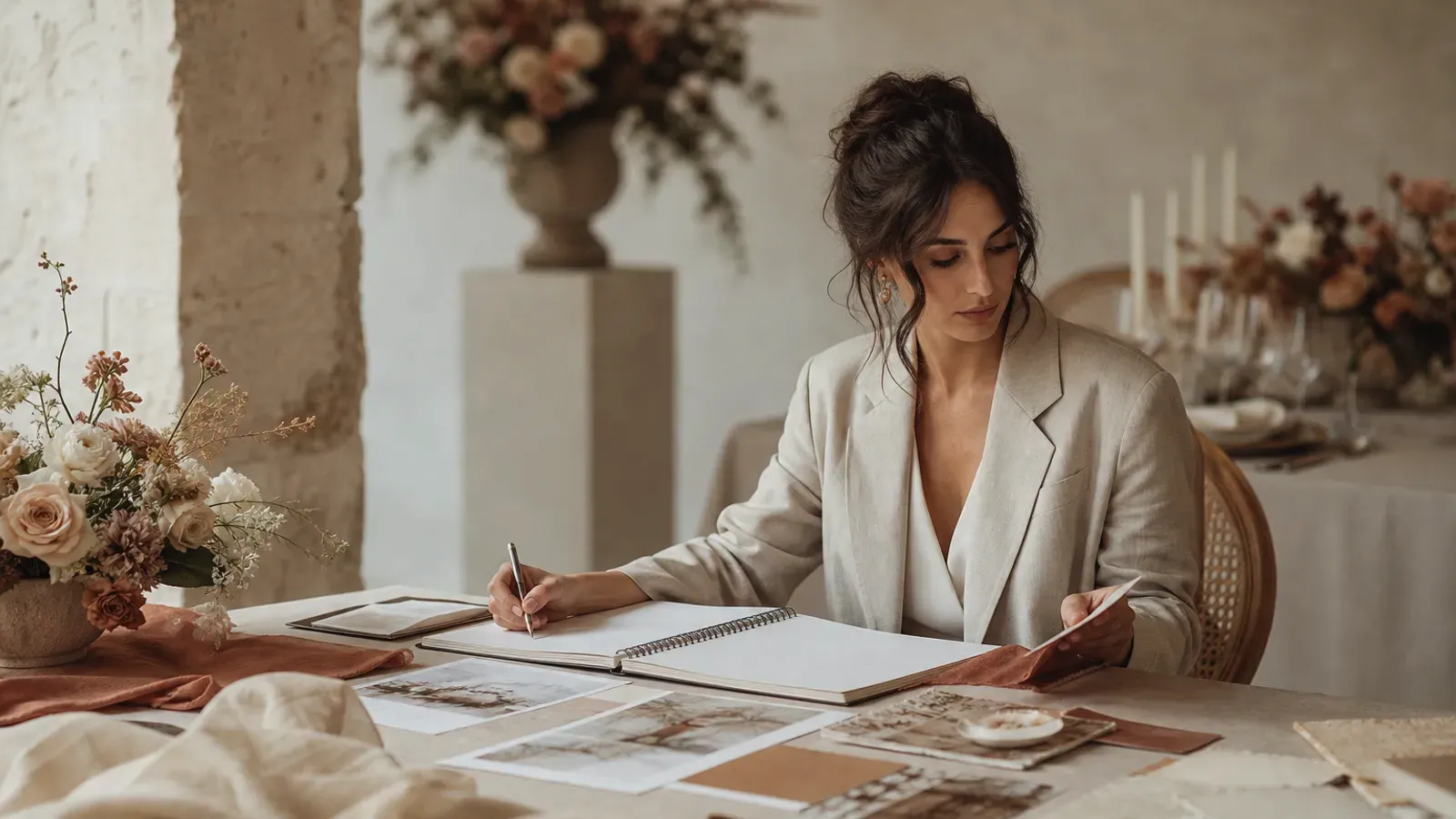 Un wedding planner coordonează detaliile unei nunți, cu o agendă și mostre de decor