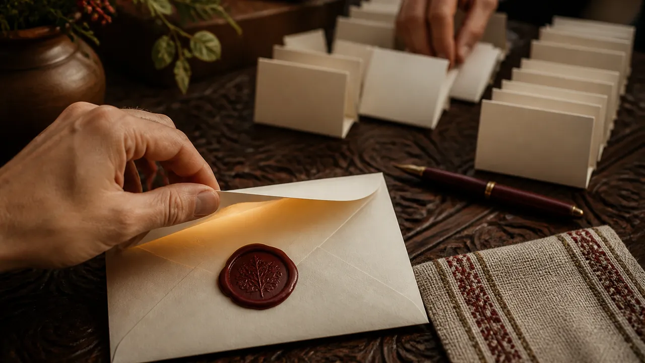Un plic de nuntă deschis în prim-plan și cartonașe de invitați ordonate în fundal