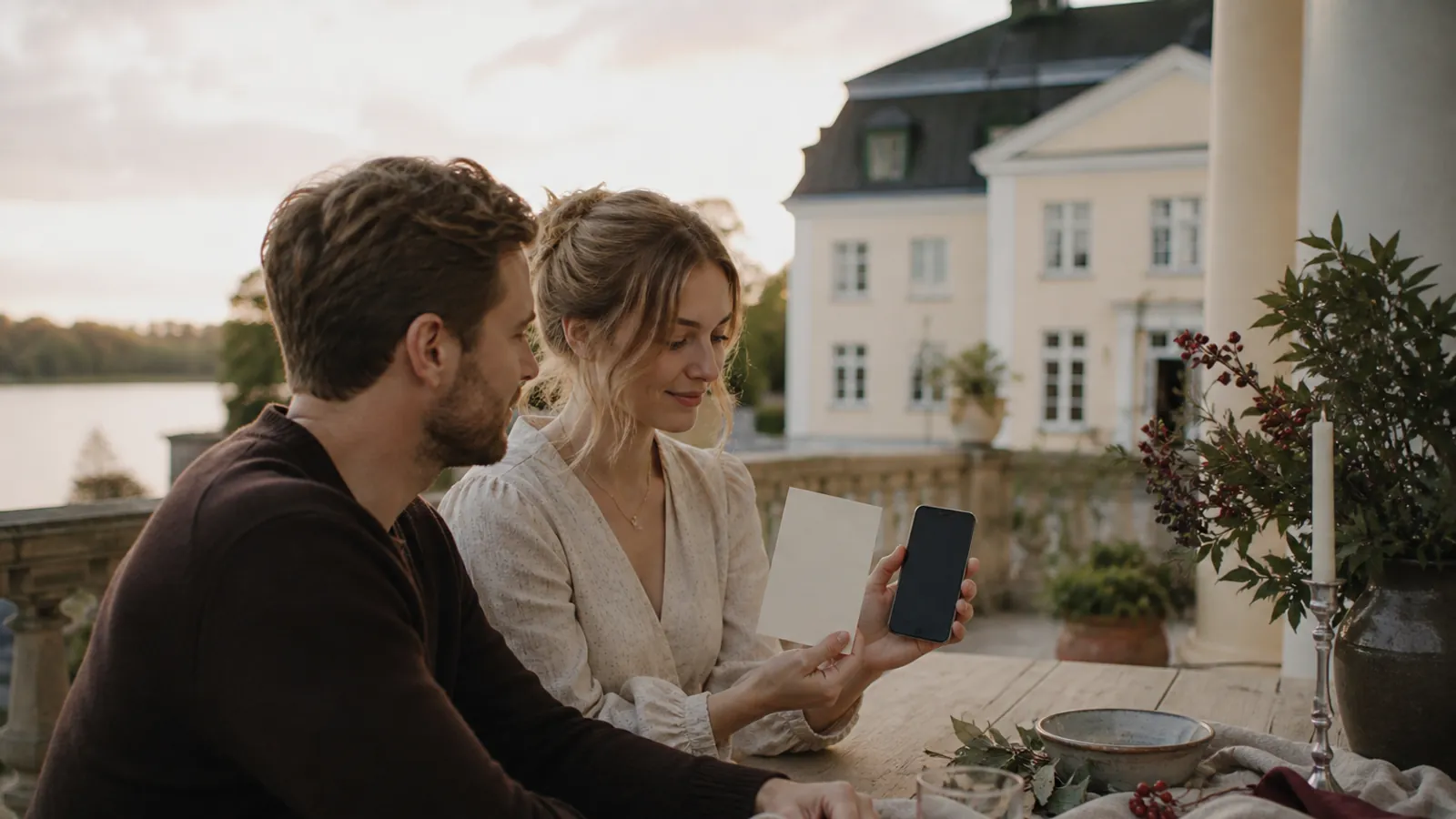 Ett par jämför ett tomt papperskort med en avstängd mobil på en veranda vid en svensk sjö