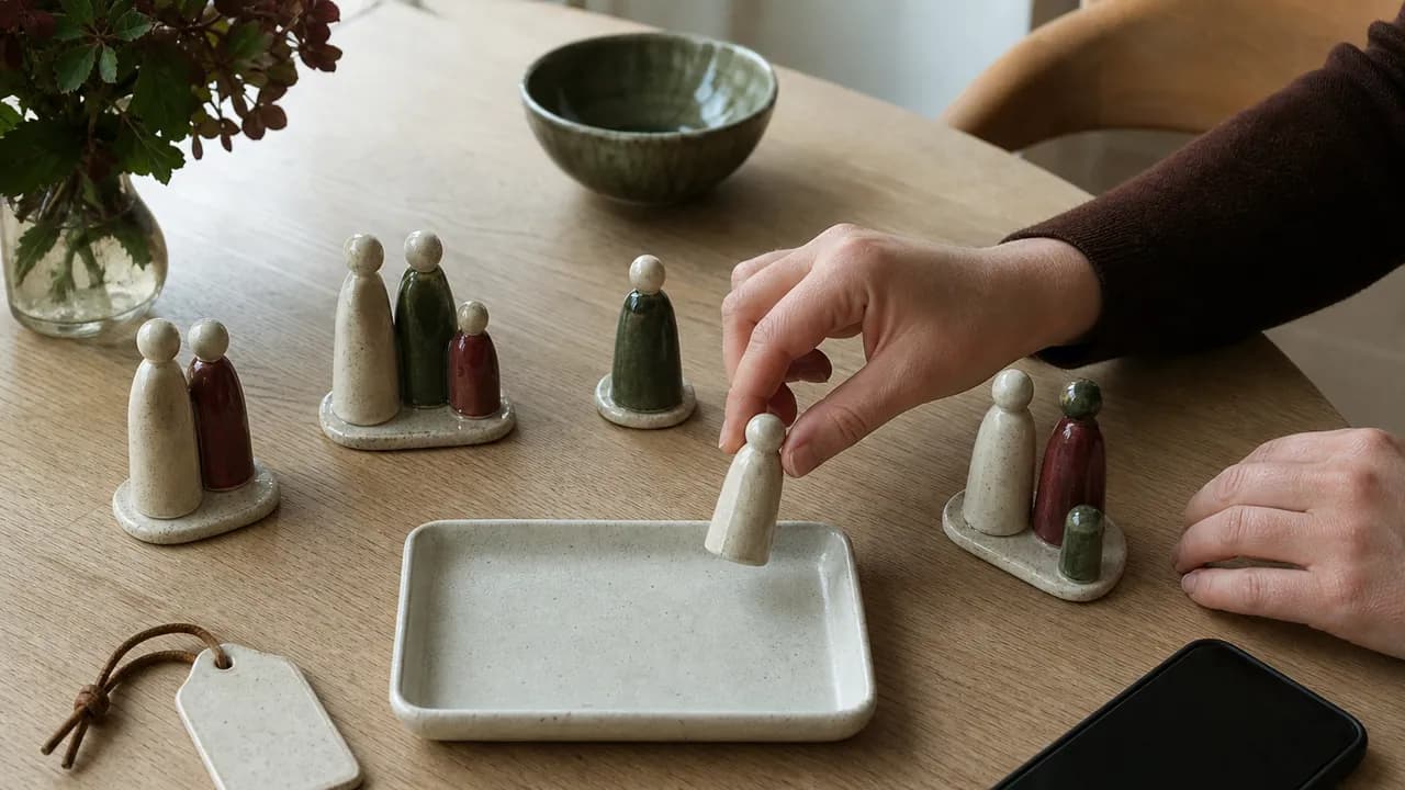 Fem grupper med keramiska figurer, en hand och ett tomt fat på ett ljust ekbord