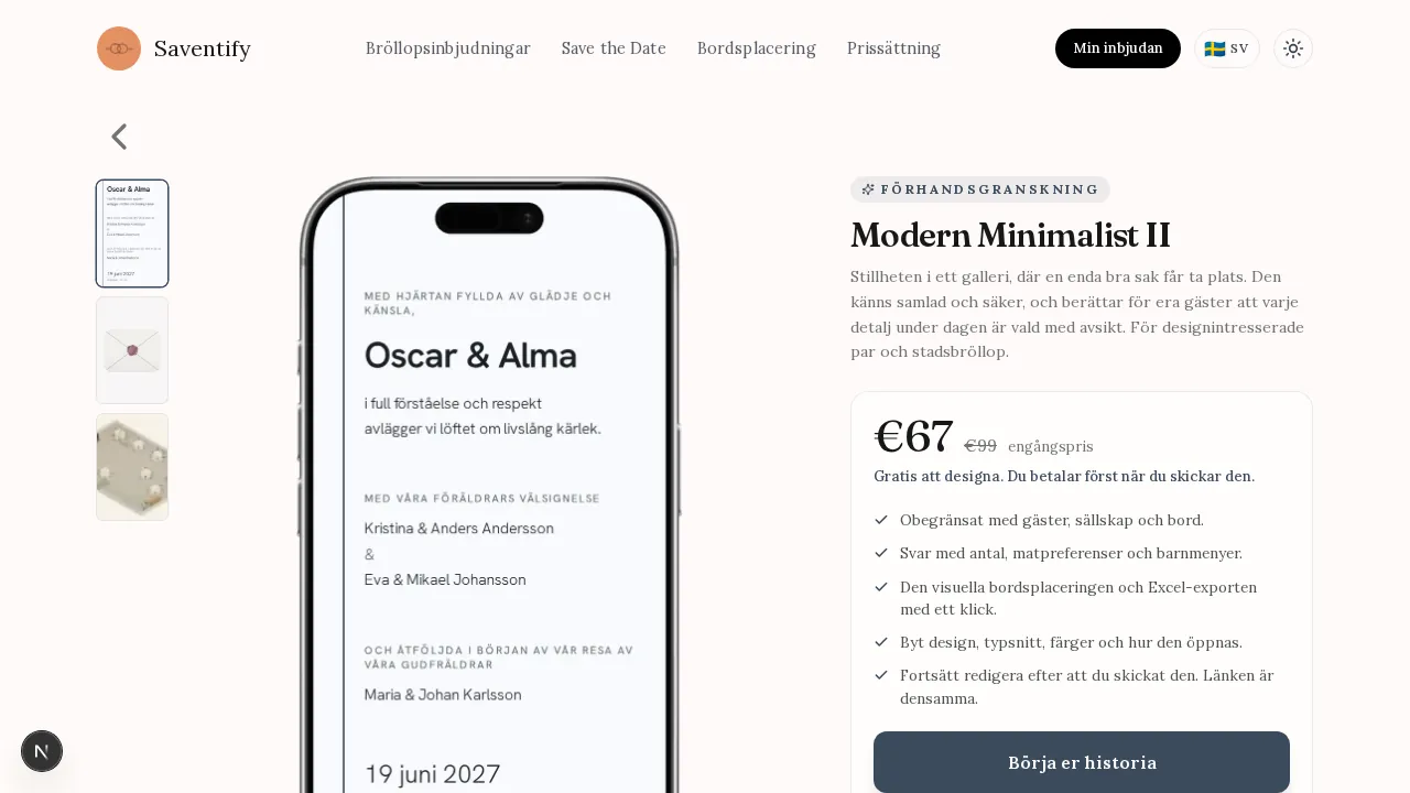 Den svenska mallsidan för Modern Minimalist II med en förhandsvisning av inbjudan i mobilformat