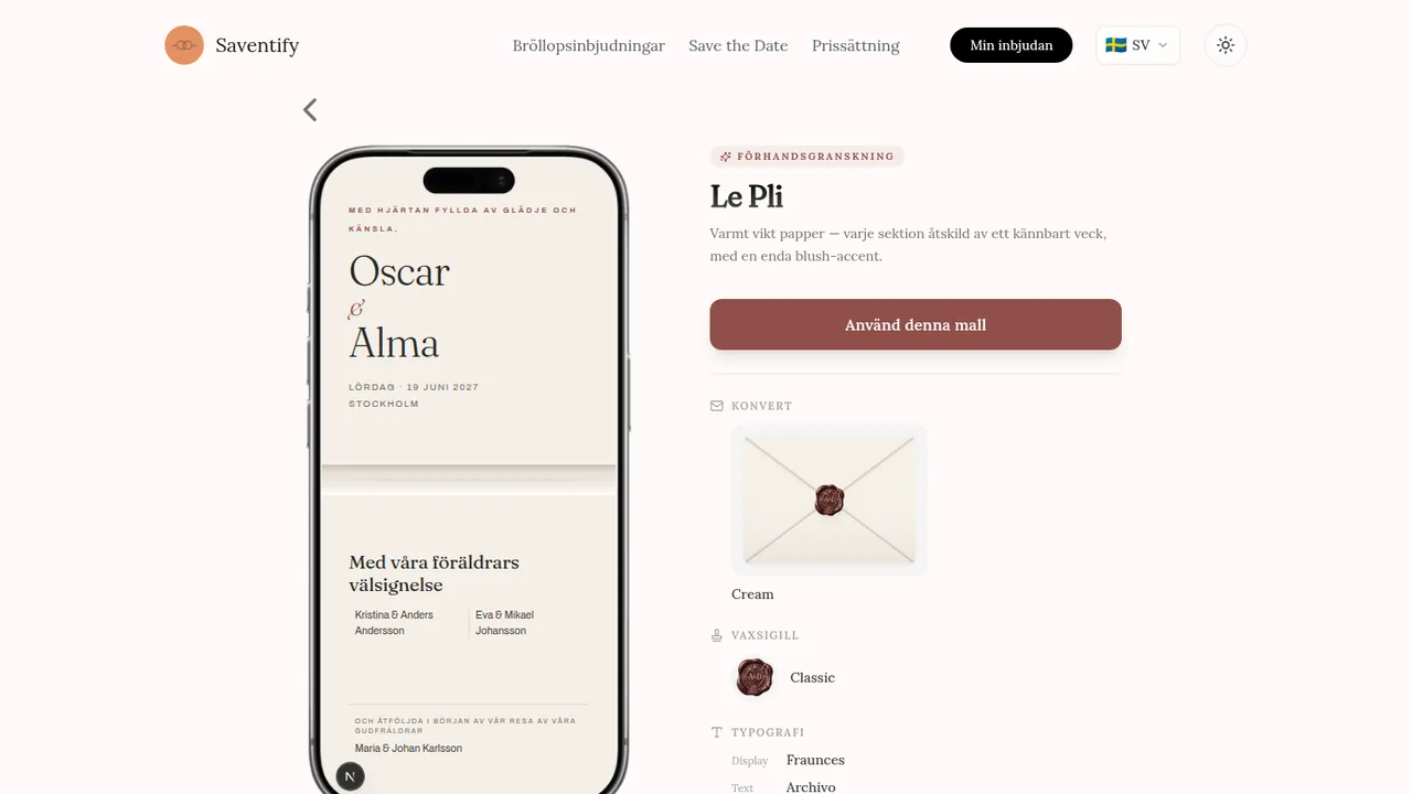 Den svenska mallsidan för Le Pli med en förhandsvisning av inbjudan i en mobil
