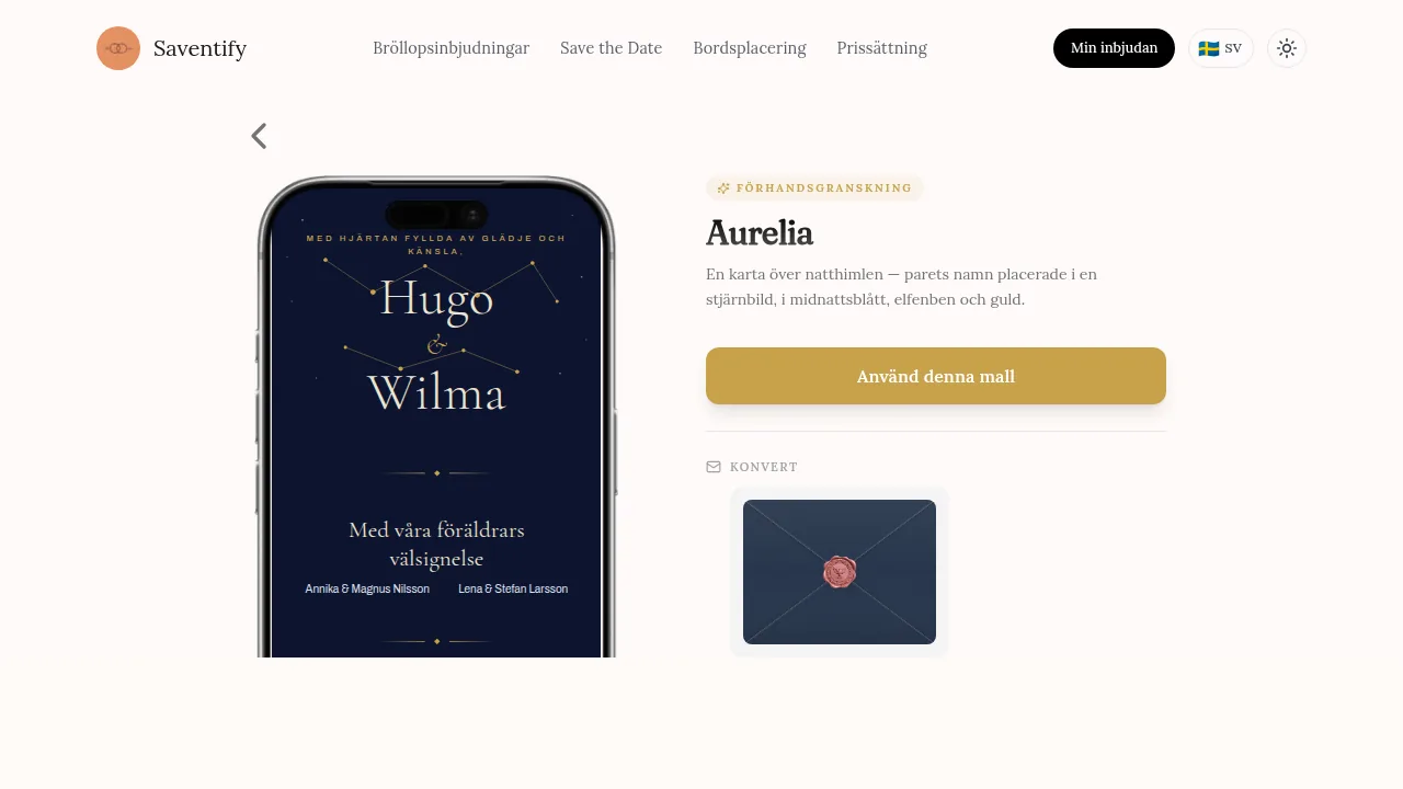 Den publika svenska sidan för Aurelia med en verklig mobilförhandsvisning av inbjudan