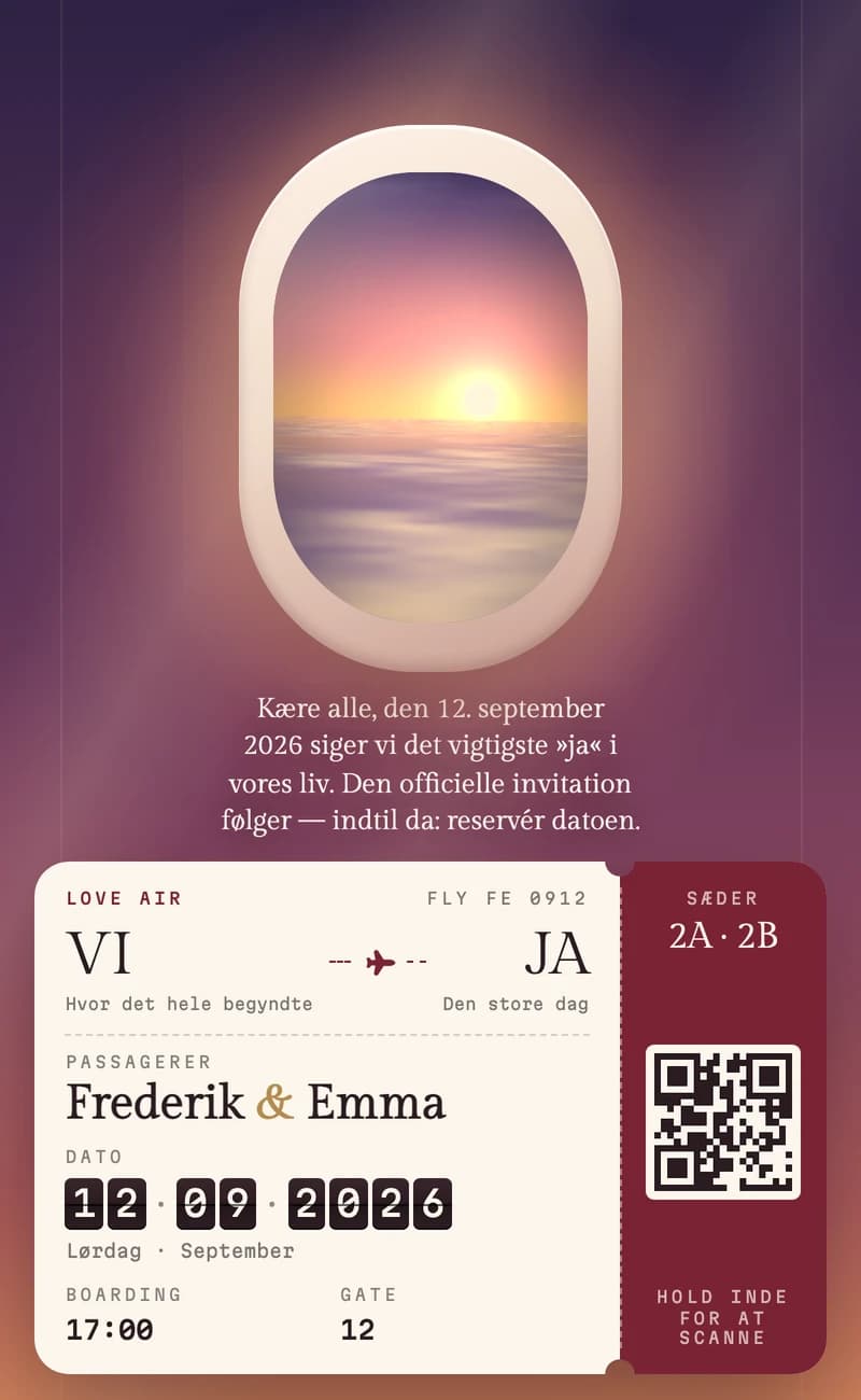 Forhåndsvisning af save the date-skabelonen Boarding Pass II
