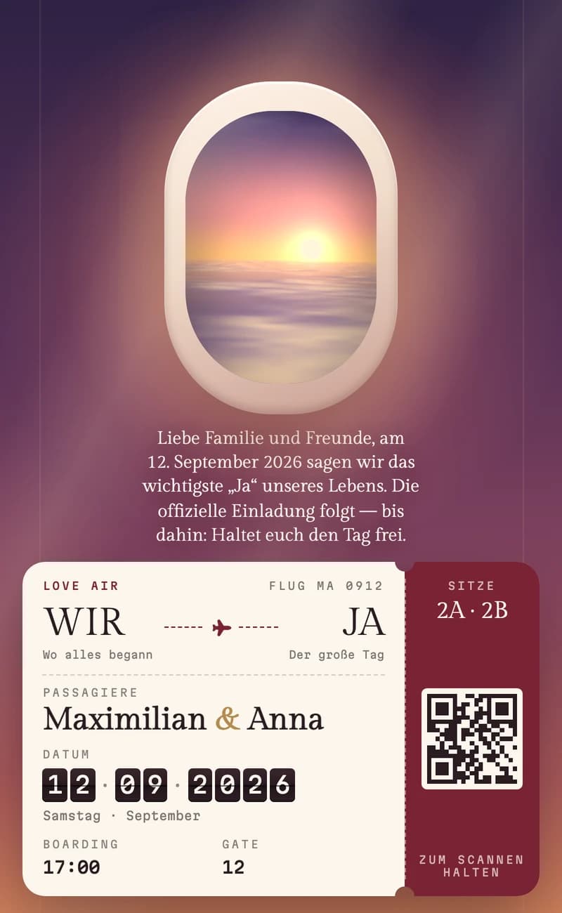 Vorschau der Save-the-Date-Vorlage Boarding Pass II