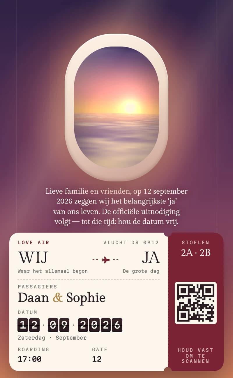 Voorbeeld van het save-the-date-template Boarding Pass II