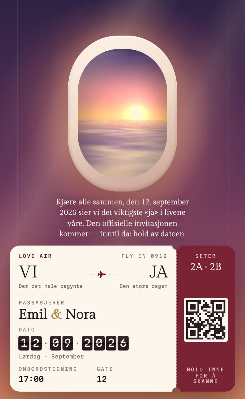 Forhåndsvisning av save the date-malen Boarding Pass II