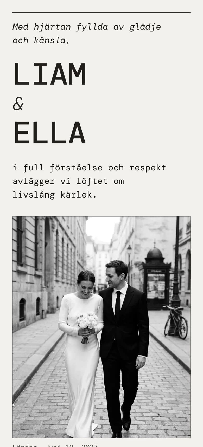 Förhandsvisning av bröllopsinbjudan Editorial Mono II