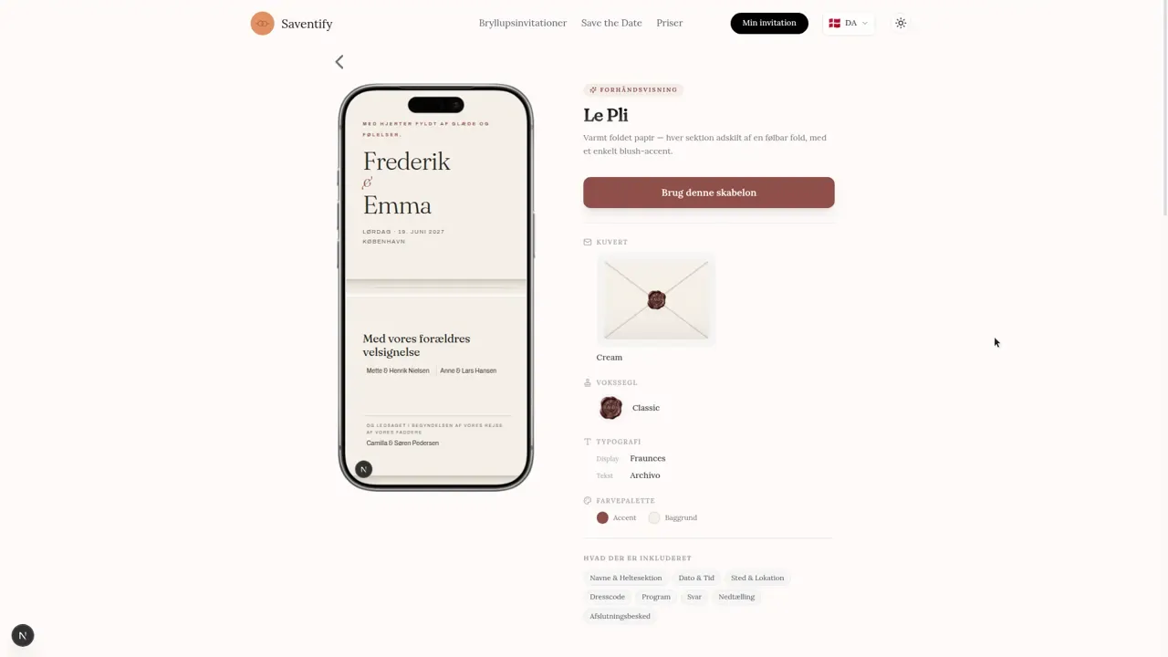 Dansk Le Pli-skabelonside med en mobil forhåndsvisning af invitationen