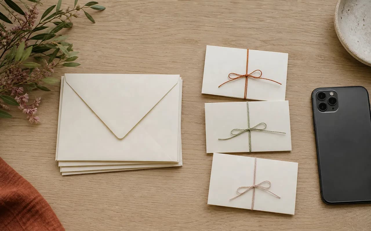 En bunke fælles kuverter ved siden af tre individuelt bundne invitationer