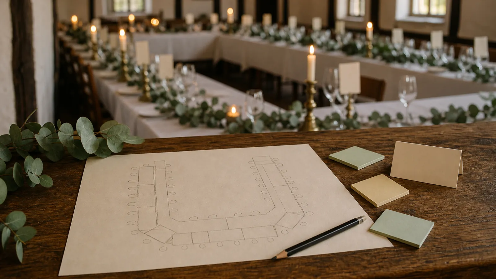 Et festlokale på en dansk kro med langborde i hestesko, bordkort på glassene og en håndtegnet bordplan i forgrunden