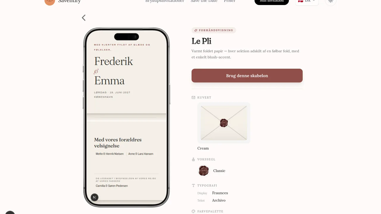 Dansk Le Pli-skabelonside med invitationen til Frederik og Emma i mobilvisning