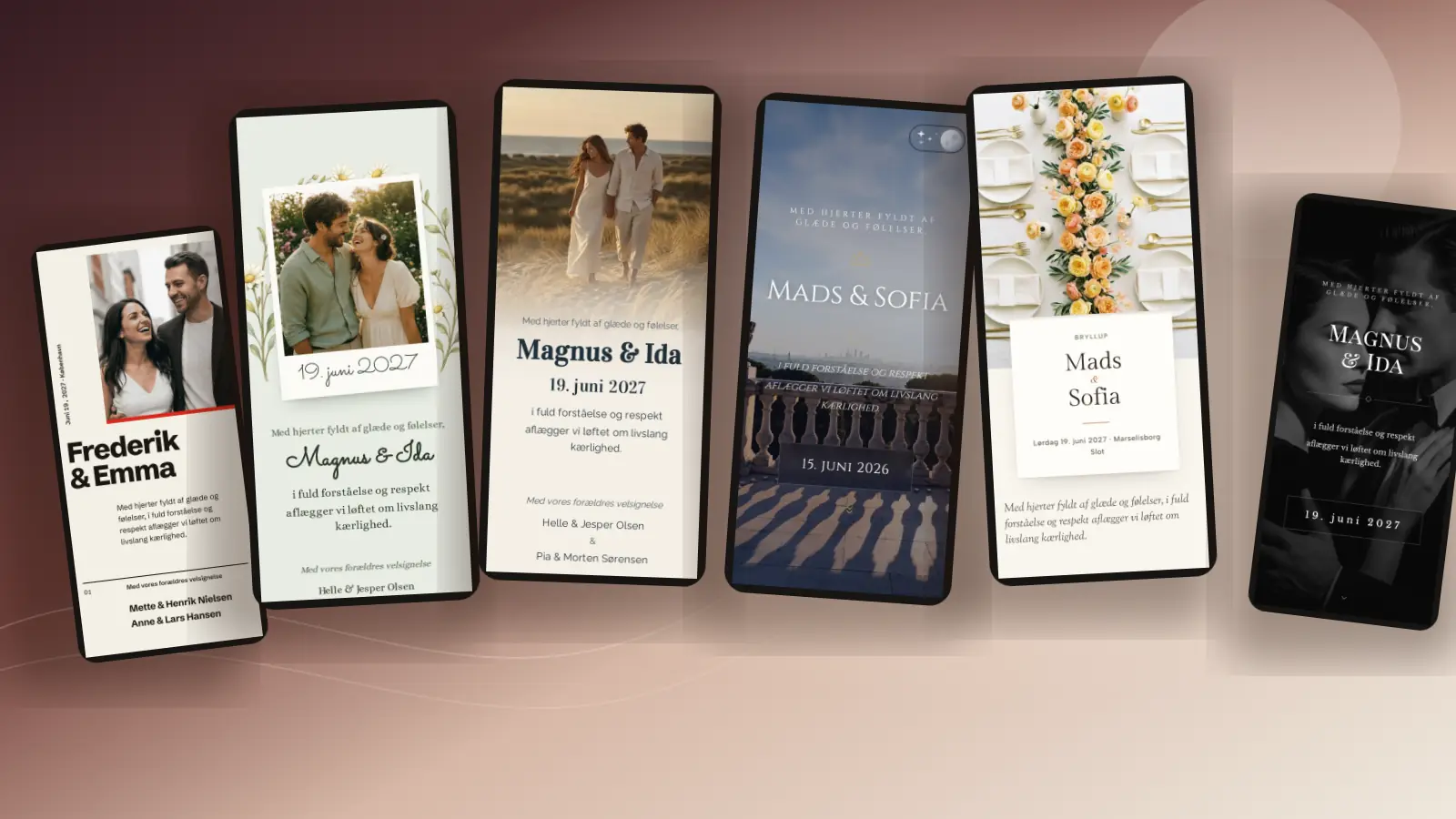 Seks telefoner med danske invitationer: et portræt med rødt gitter, et havefoto, et kystfoto, en balkon, et blomsterdækket langbord og et sort-hvidt portræt
