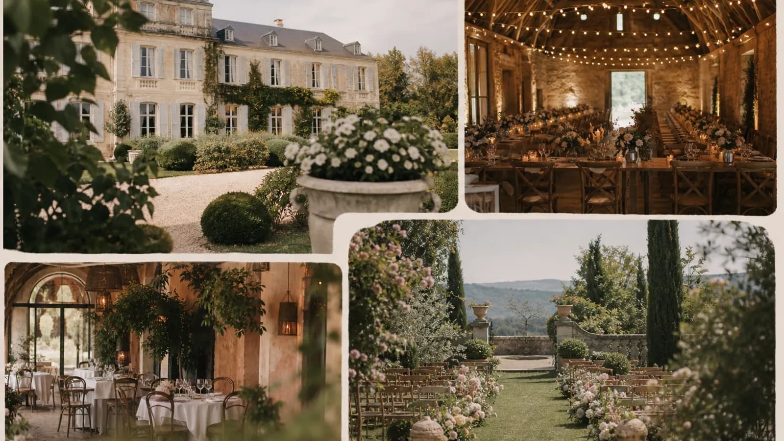 Eine Collage verschiedener Hochzeitslocations: Scheune, Schloss, Restaurant und Garten
