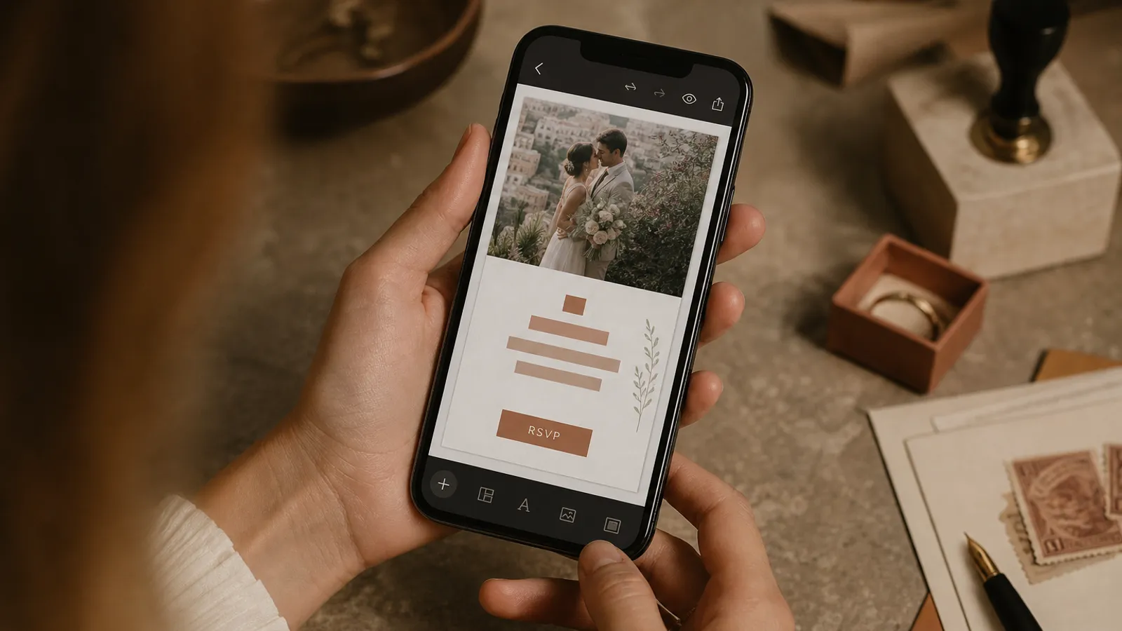 Eine digitale Hochzeitseinladung im Editor mit kurzem, klarem Text und einem RSVP-Knopf