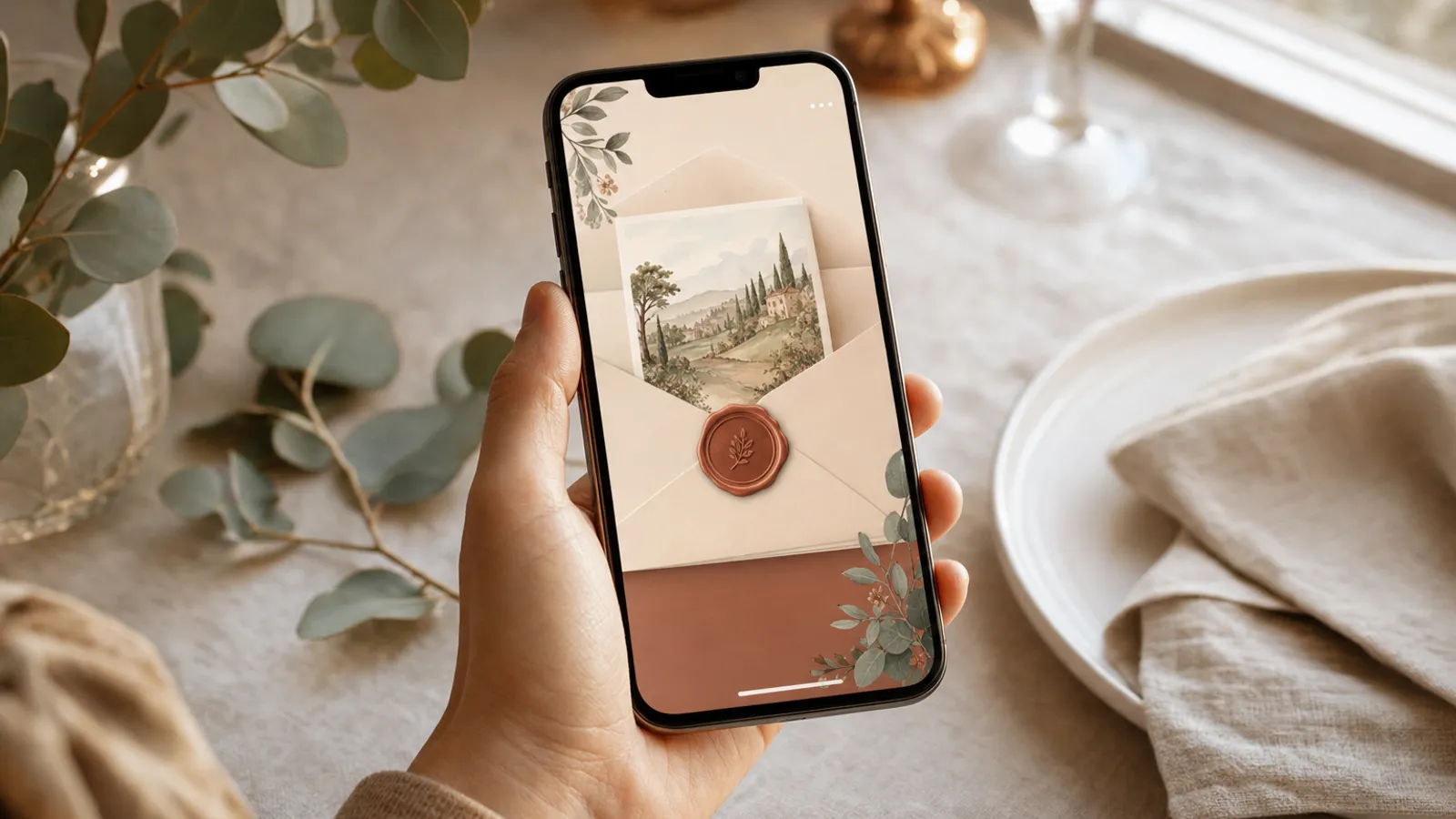 Smartphone mit einer geoeffneten digitalen Hochzeitseinladung auf einem Tisch mit Eukalyptus und warmem Licht