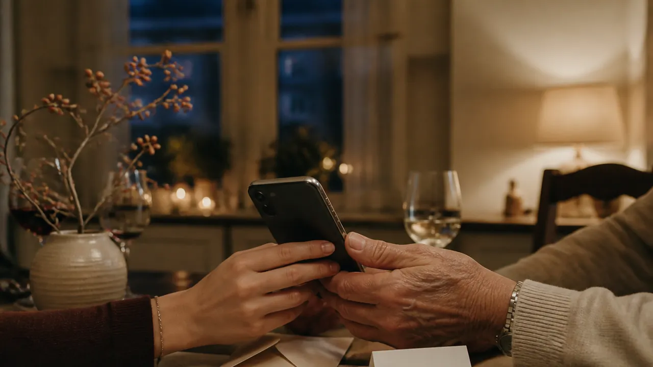 Eine jüngere und eine ältere Person halten gemeinsam ein Smartphone am Esstisch