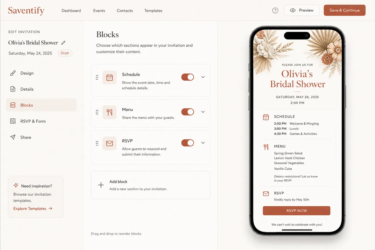 Editor mit aktivierten Bloecken fuer Ablauf, Menue und RSVP einer digitalen Hochzeitseinladung
