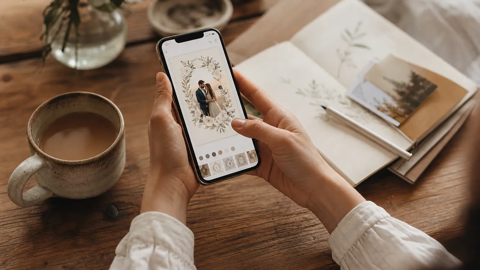 Haende halten ein Smartphone und gestalten eine digitale Hochzeitseinladung, daneben Kaffee und ein Notizbuch