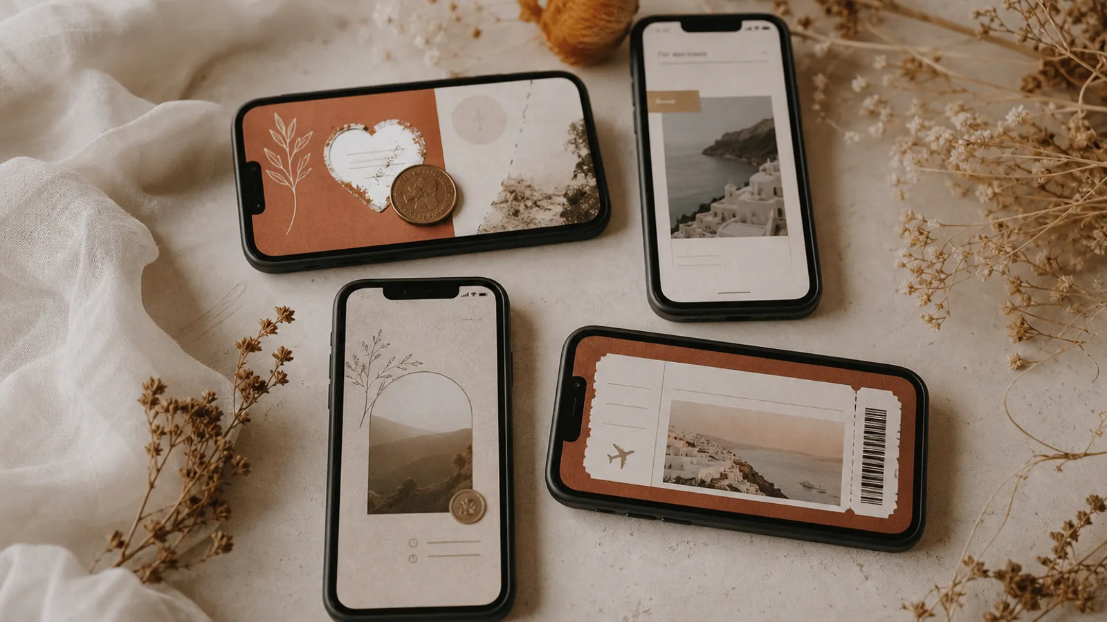 Verschiedene kreative digitale Save-the-Date Formate auf Smartphones, darunter eine Rubbelkarte und ein Boarding Pass