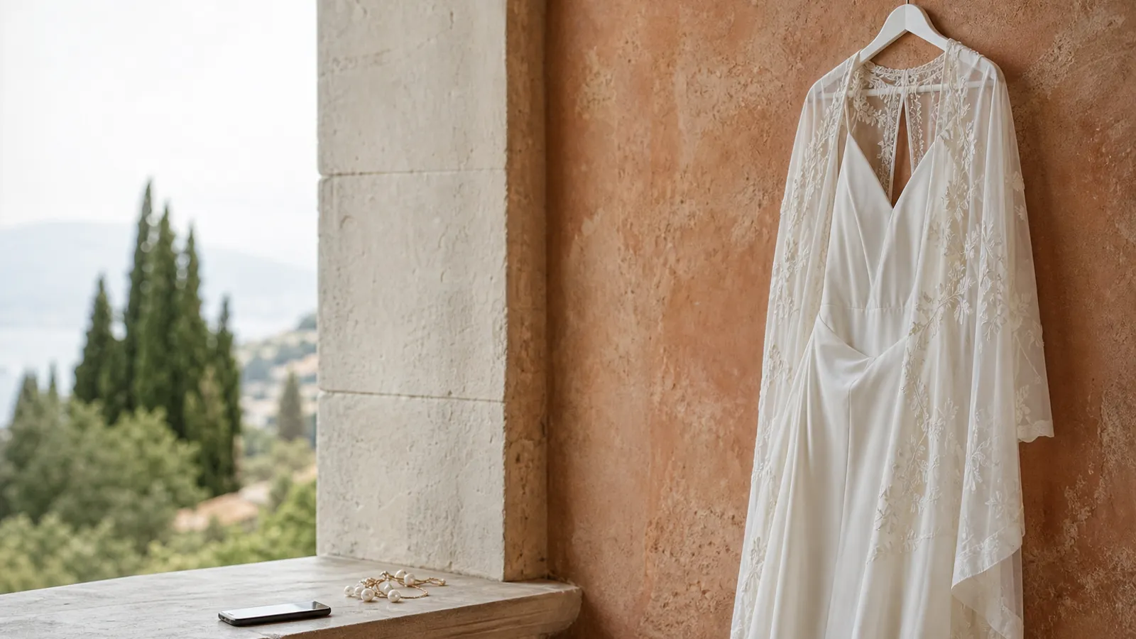 Festliche Kleidung fuer eine Hochzeit auf einem Buegel, daneben eine Einladung mit Dresscode-Hinweis