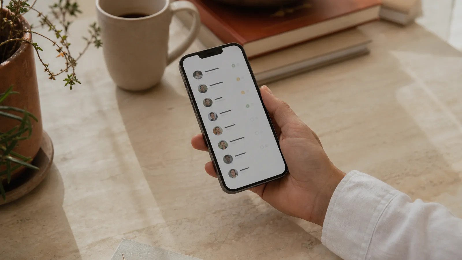 Ein Smartphone mit einer RSVP-Liste, auf der mehrere Gaeste noch ohne Antwort markiert sind