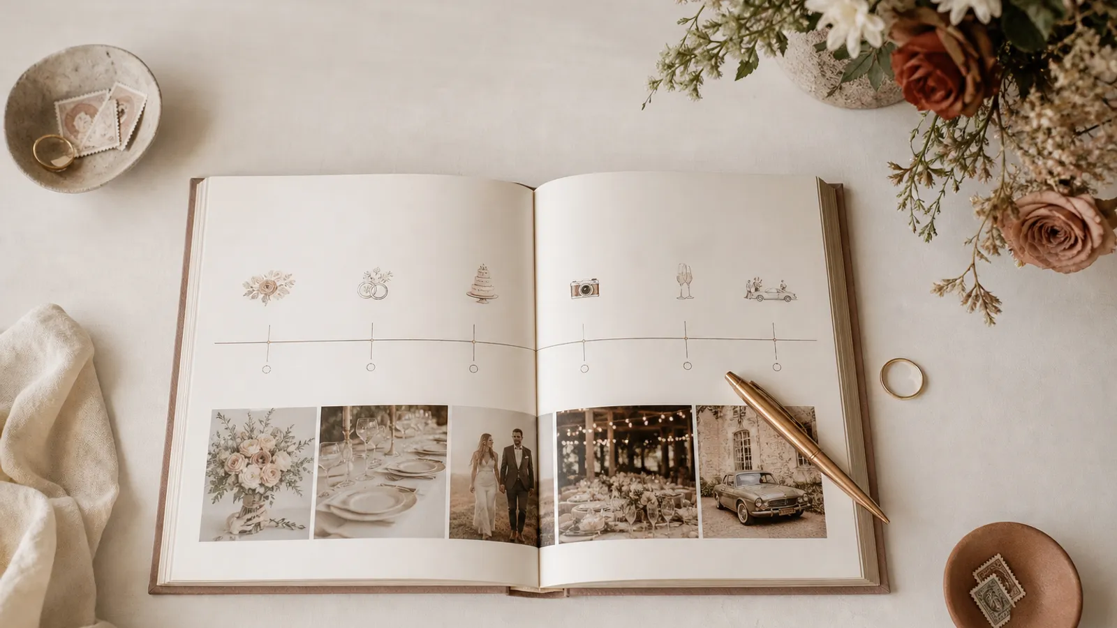 Ein aufgeschlagener Hochzeitsplaner mit einer Monatsuebersicht und abgehakten Aufgaben