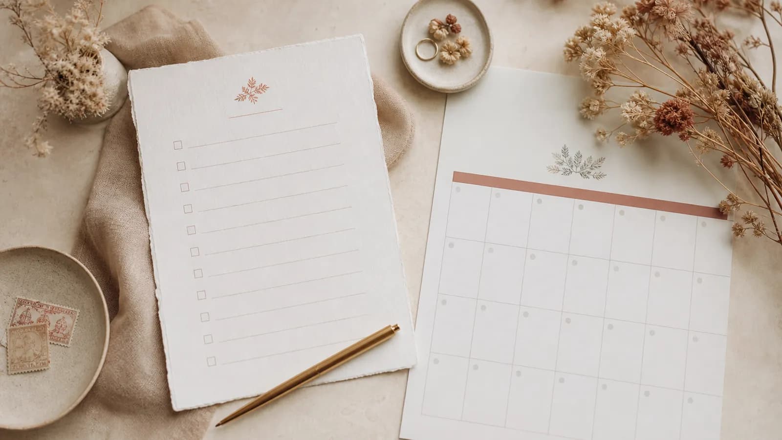 Eine Checkliste fuer die letzte Woche vor der Hochzeit mit abgehakten Aufgaben und einem Kalender