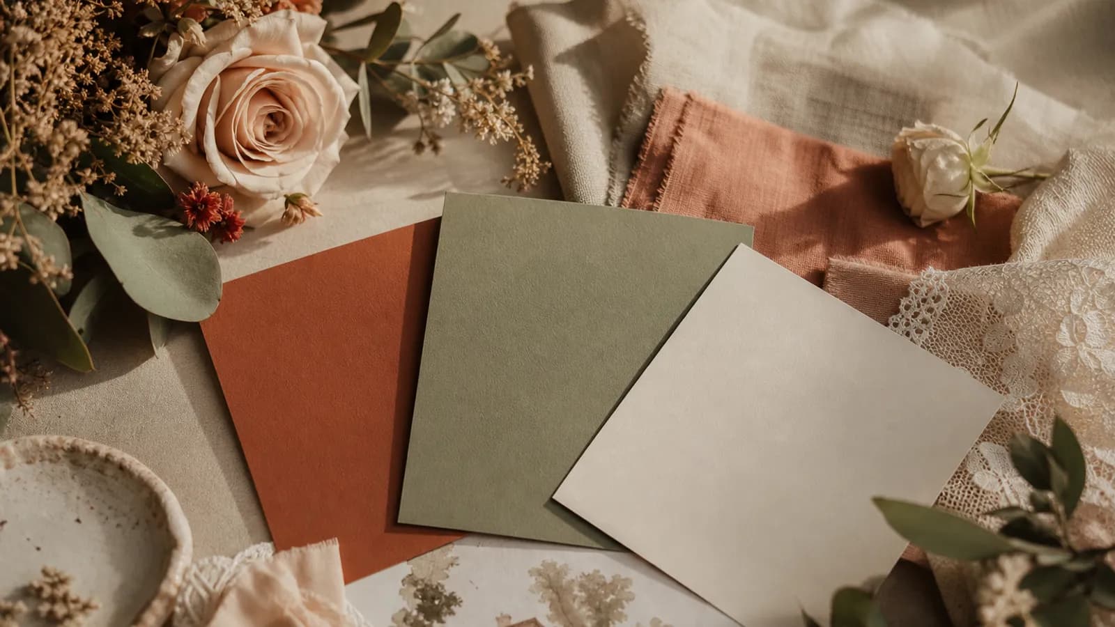 Farbkarten in Terrakotta, Salbei und Creme neben Blumen und Stoffmustern fuer eine Hochzeit