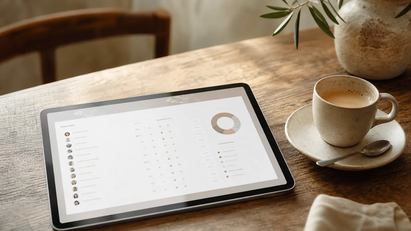 Ein Tablet mit einer digitalen Gaesteliste und RSVP-Uebersicht neben einer Tasse Kaffee