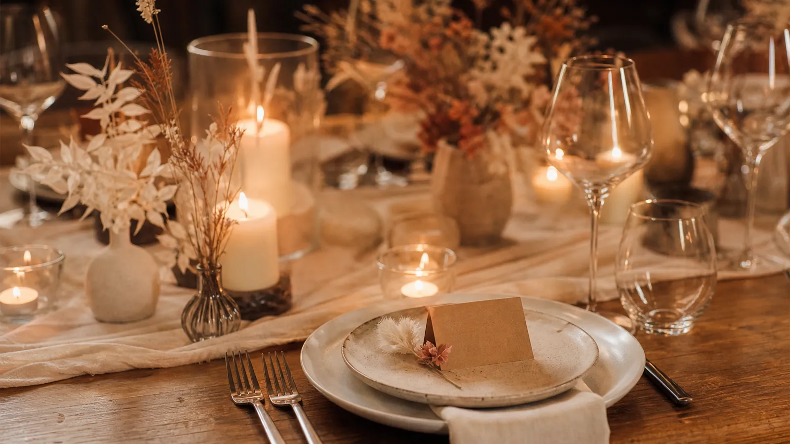 Schlichte, schoene Hochzeitsdeko mit Kerzen, Trockenblumen und Kraftpapier-Karten auf einer Holztafel