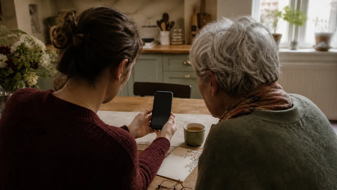 Eine jüngere und eine ältere Person testen gemeinsam eine Hochzeitseinladung auf einem Smartphone