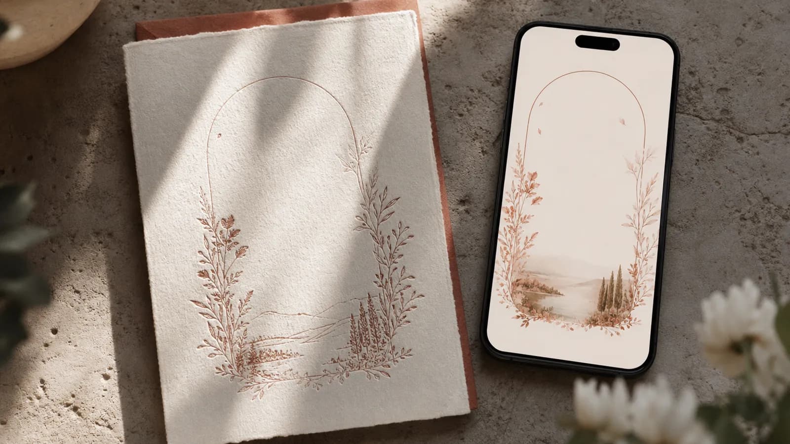Eine gedruckte Hochzeitseinladung auf Leinenpapier neben einem Smartphone mit digitaler Einladung