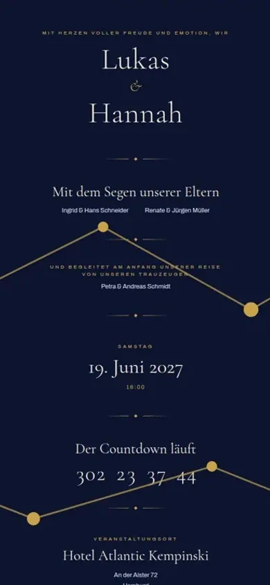 Geöffnete deutschsprachige Aurelia-Hochzeitseinladung mit Namen, Datum, Countdown und Veranstaltungsort