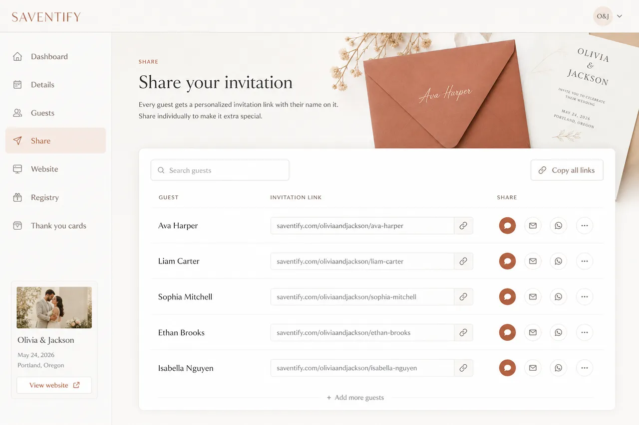 Saventify Ansicht zum Teilen einer Einladung mit personalisiertem Link pro Gast