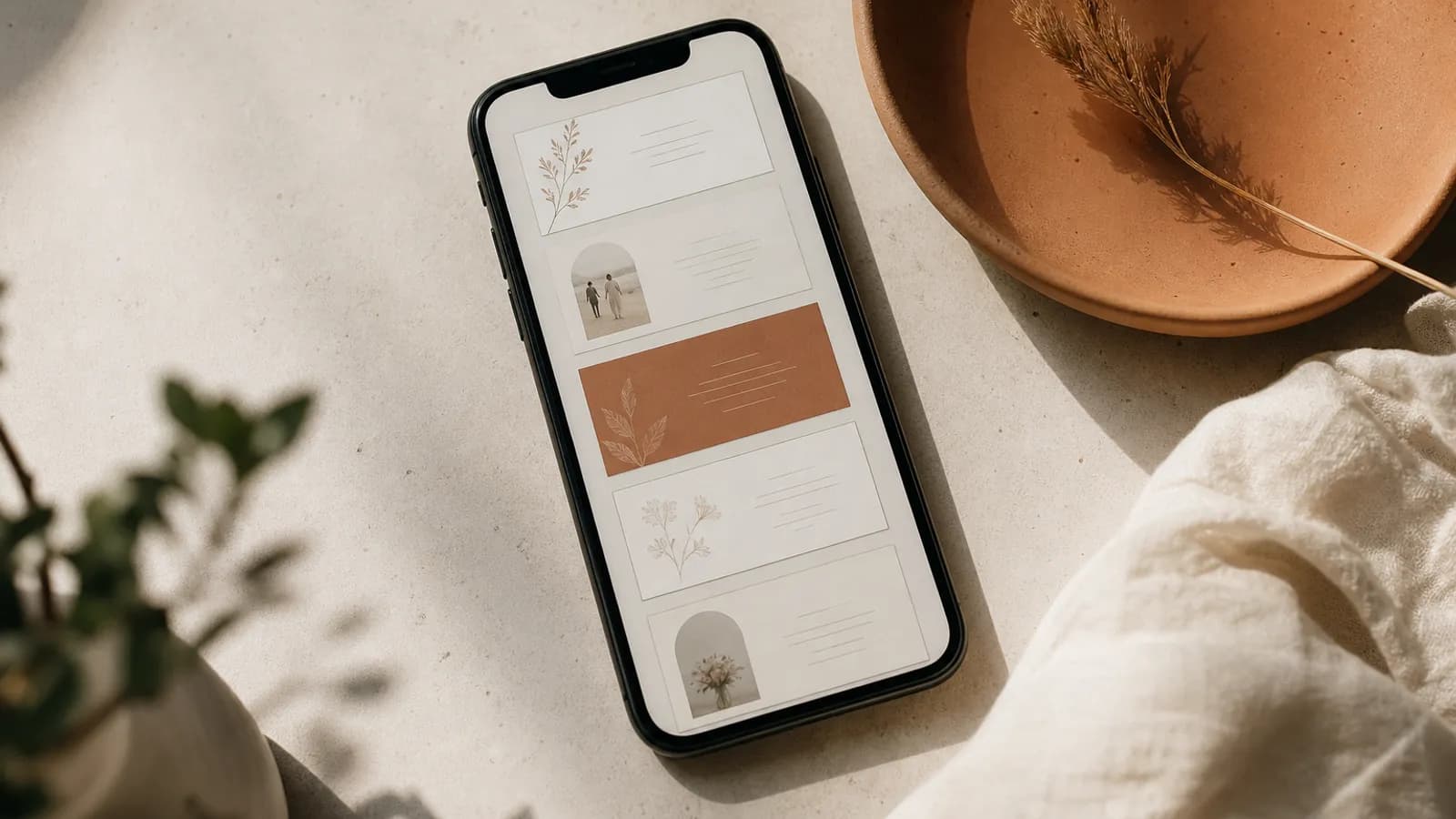 Mehrere Textvorlagen fuer Hochzeitseinladungen auf einem Smartphone-Display