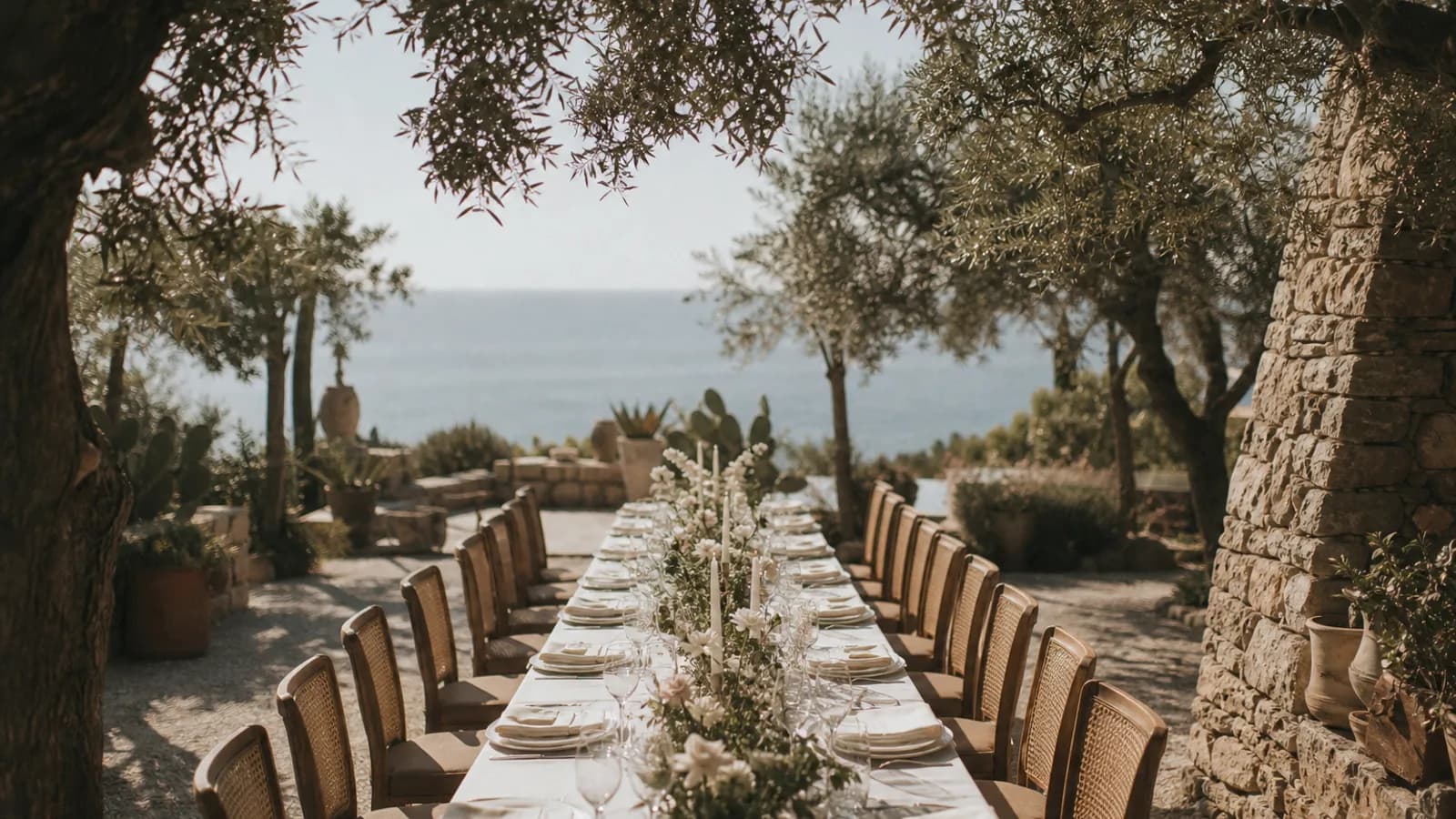 Eine Hochzeitslocation im Sueden mit Olivenbaeumen, langer Tafel und Blick aufs Meer