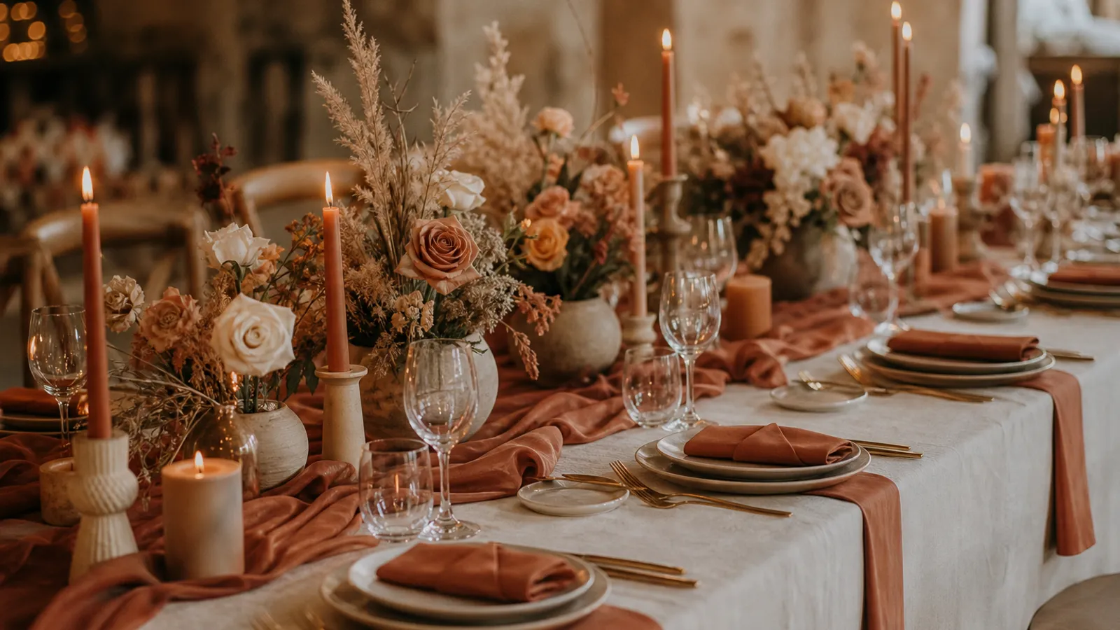 Eine Hochzeitstafel mit stimmiger Deko in Terrakotta und Creme, Kerzen und Trockenblumen