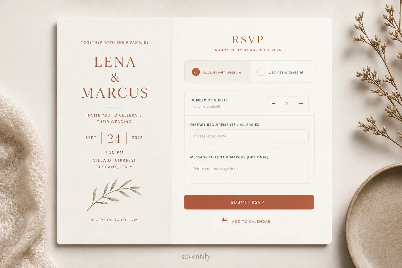 RSVP-Formular einer digitalen Einladung mit Zusage, Personenzahl, Allergiefeld und Nachricht