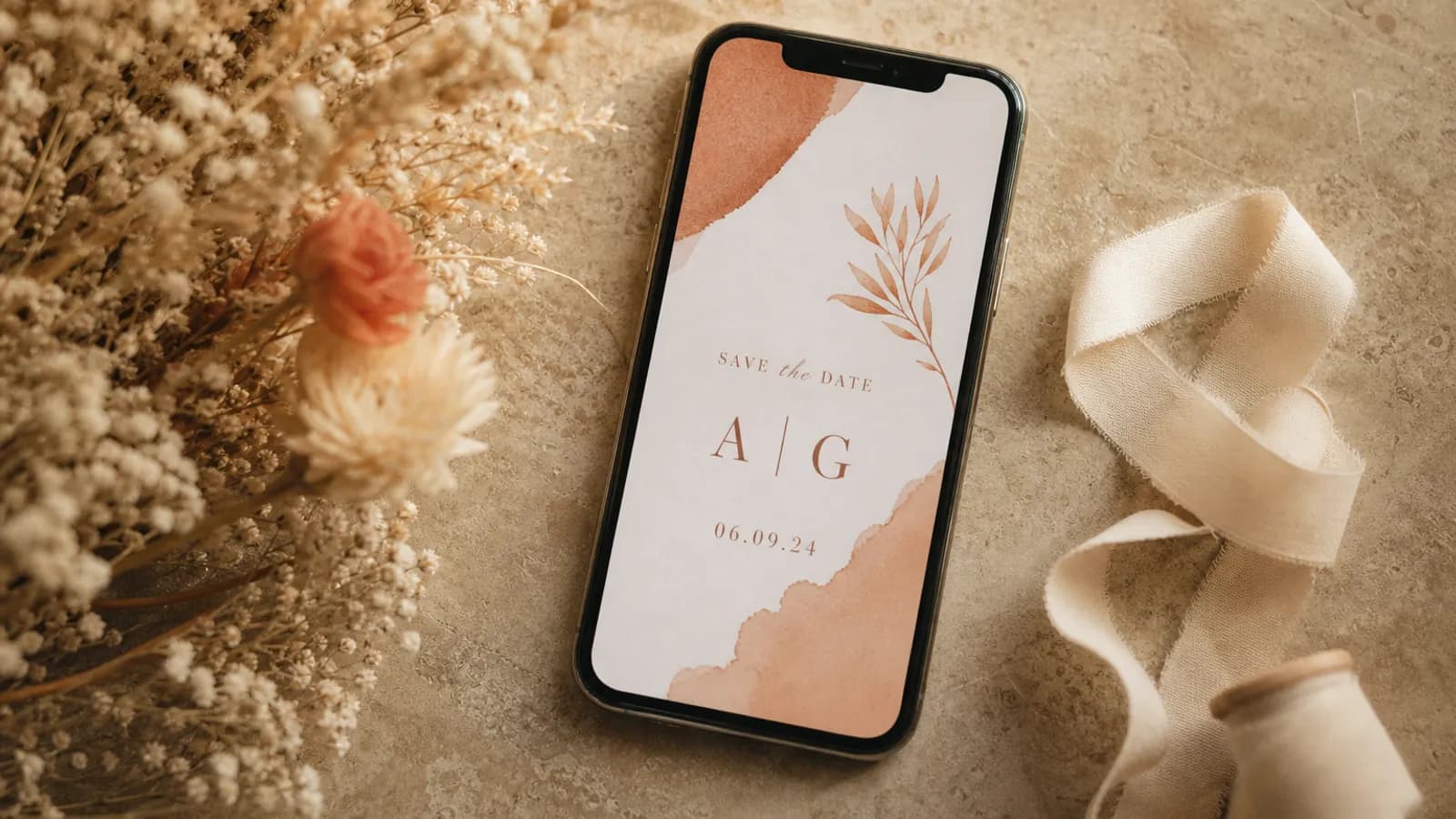 Ein digitales Save-the-Date auf dem Smartphone mit Datum und Namen des Brautpaars, daneben getrocknete Blumen