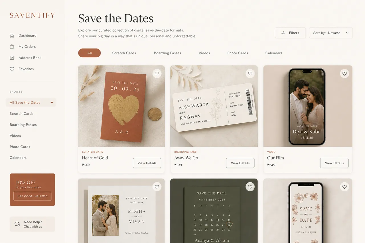 Galerie verschiedener digitaler Save-the-Date Formate in Saventify, darunter Rubbelkarte und Boarding Pass