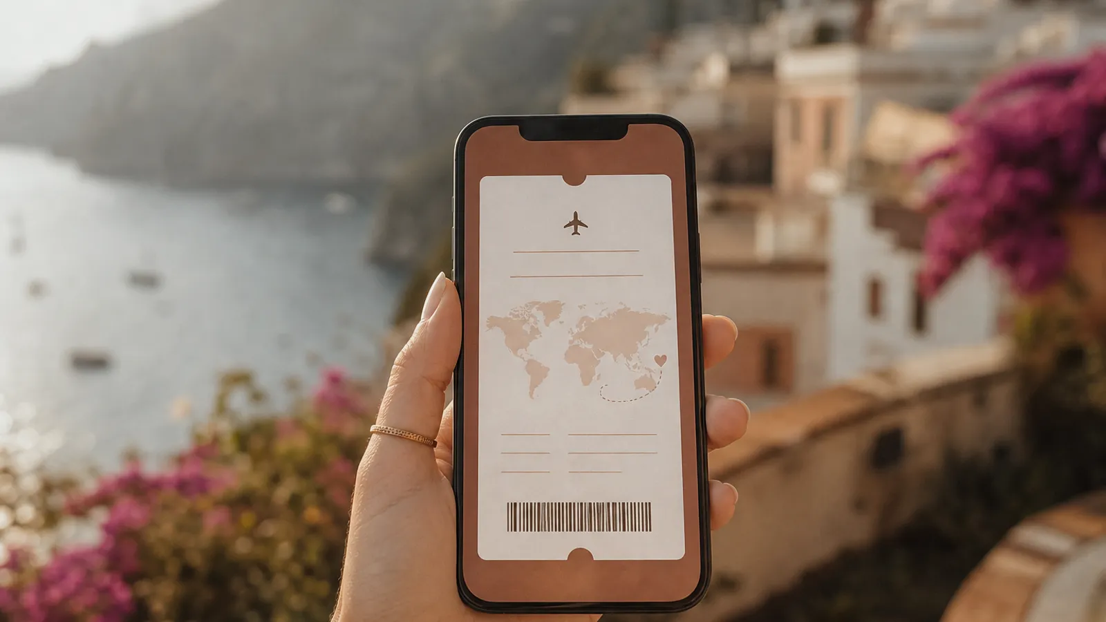 Digitales Save-the-Date im Boarding-Pass-Stil mit mediterraner Kulisse im Hintergrund