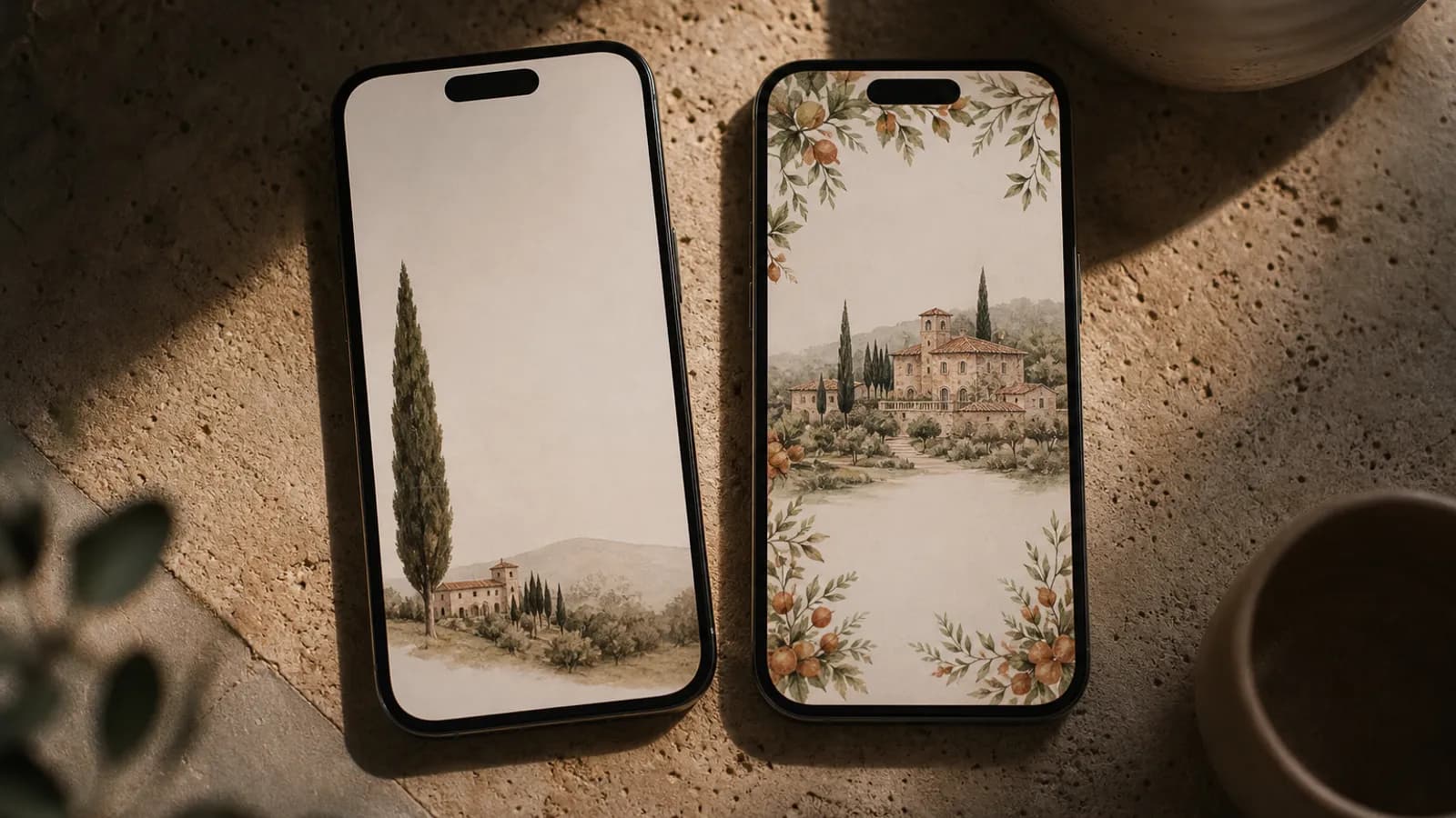 Zwei Smartphones nebeneinander, links ein schlichtes Save-the-Date, rechts eine ausfuehrliche digitale Einladung