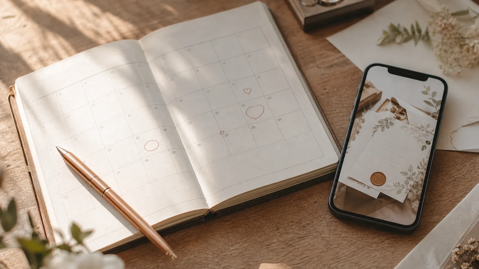Ein Kalender mit markierten Terminen neben einer digitalen Hochzeitseinladung auf dem Smartphone