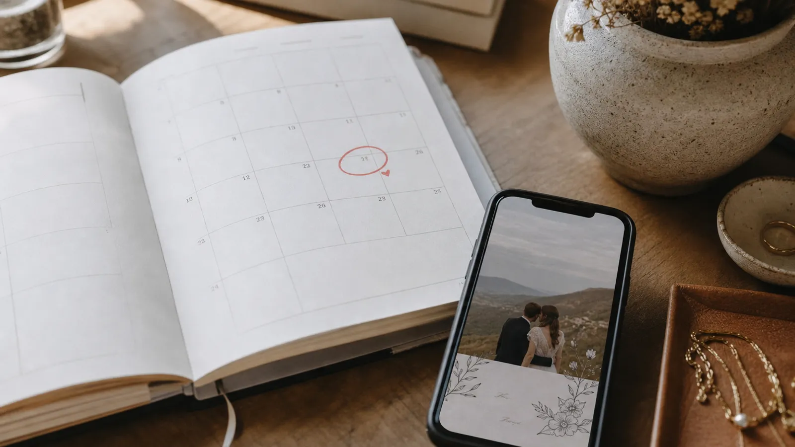 Aufgeschlagener Kalender mit eingekreistem Hochzeitsdatum und einem Smartphone mit Save-the-Date